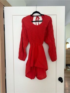 Free People Brandi Romper Smocked Balloon Long Sleeve Open Back Playsuit M